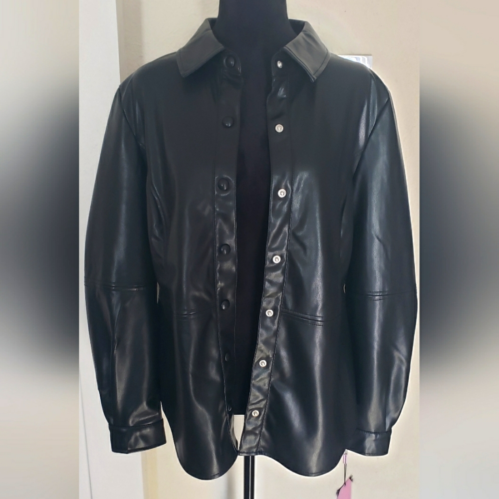 Black Faux Leather Button-Up Shirt Jacket